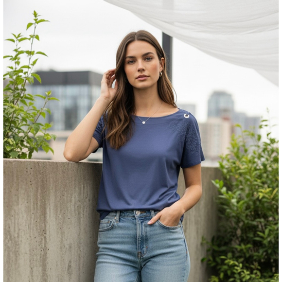 Cable & Gauge Tops - Cable & Gauge Blue Women's Short Sleeve Boat Neck Geometric Embroidered Top S